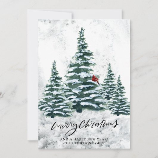 緑の素朴冬の松の木赤い(鳥)ショウジョウコウカンチョウ鳥 シーズンカード (正面)