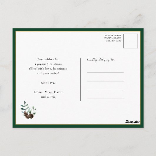 緑の素朴松のコーン心地よいの喜びの良いタイディング ポストカード (裏面)