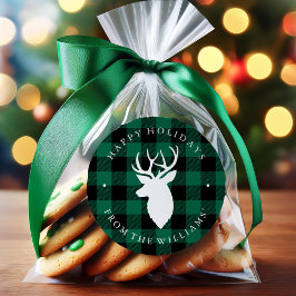 緑の素朴格子模様と鹿 ラウンドシール