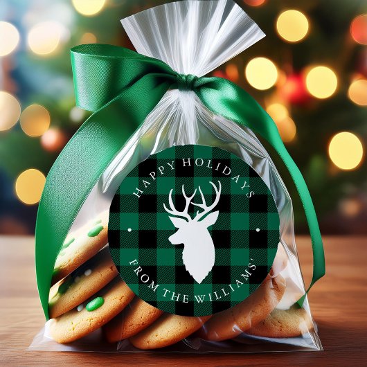 緑の素朴格子模様と鹿 ラウンドシール