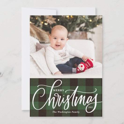 緑の素朴格子模様のメリークリスマスフォト シーズンカード (正面)