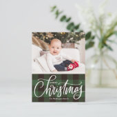 緑の素朴格子模様のメリークリスマスフォト シーズンポストカード (スタンド正面)