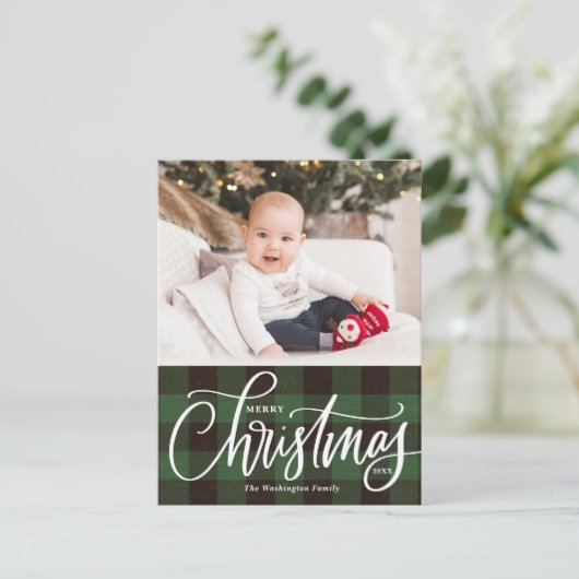 緑の素朴格子模様のメリークリスマスフォト シーズンポストカード (スタンド正面)