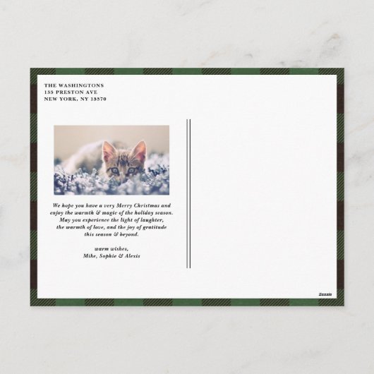 緑の素朴格子模様のメリークリスマスフォト シーズンポストカード (裏面)