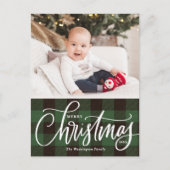 緑の素朴格子模様のメリークリスマスフォト シーズンポストカード (正面)