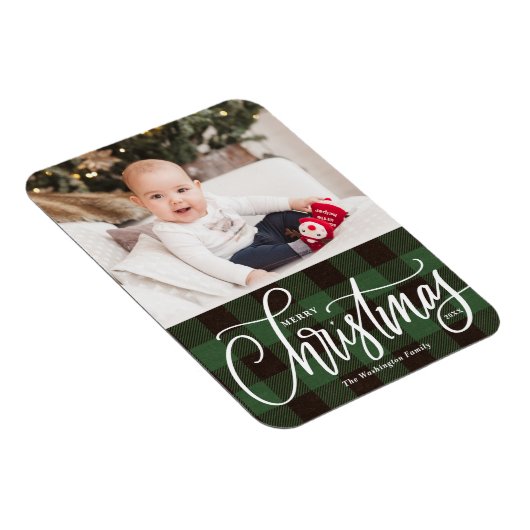 緑の素朴格子模様のメリークリスマスフォト マグネット (右側)