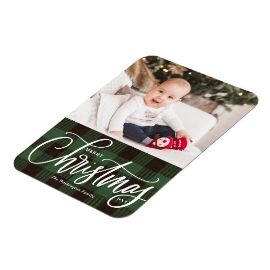 緑の素朴格子模様のメリークリスマスフォト マグネット (左側)