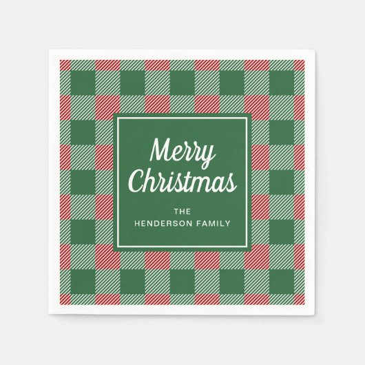 緑の素朴格子模様のメリークリスマス スタンダードカクテルナプキン (正面)