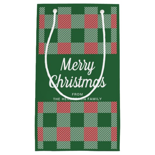 緑の素朴格子模様のメリークリスマス スモールペーパーバッグ (正面)
