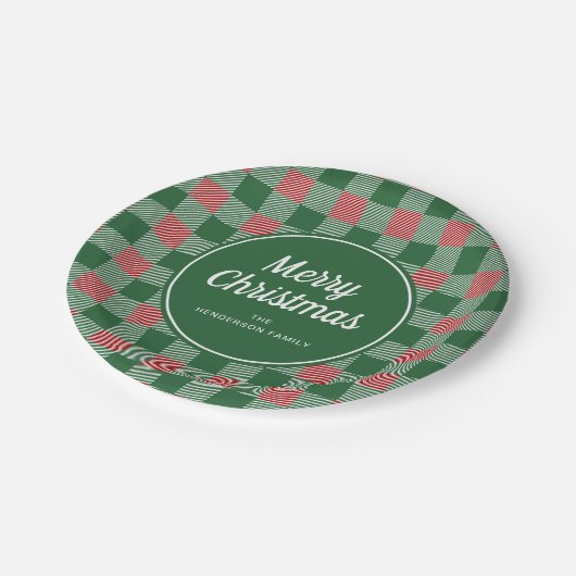 緑の素朴格子模様のメリークリスマス ペーパープレート (アングル)