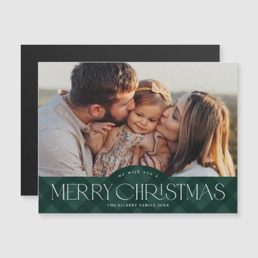 緑の素朴格子模様の写真クリスマス磁気カード (正面/裏面)