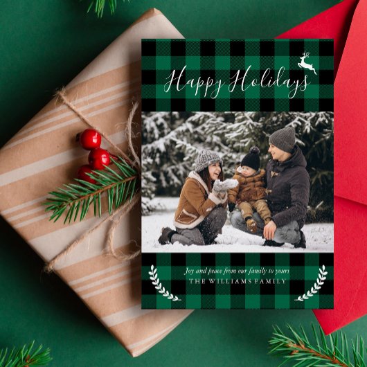 緑の素朴格子模様の家族のクリスマス写真 シーズンカード