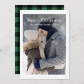 緑の素朴格子模様メリークリスマスフォトホリデー シーズンカード (正面/裏面)