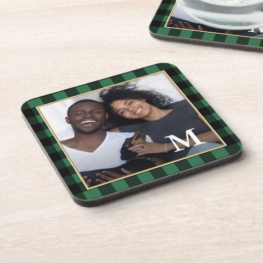 緑の素朴格子模様モノグラム写真 コースター (左側)