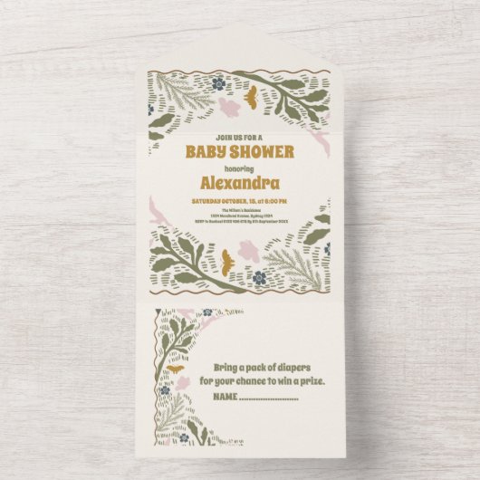 緑の素朴森のシダの赤ちゃんシャワー オールインワン招待状 (内側)