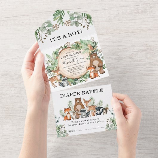 緑の素朴森の動物の男の子の赤ちゃんシャワー オールインワン招待状 (貼ってはがせる)