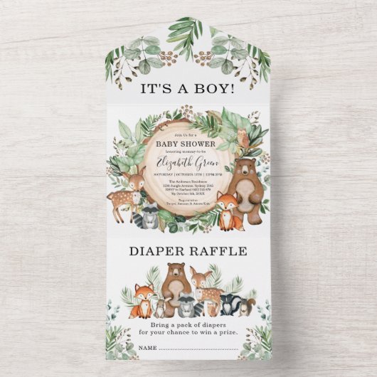 緑の素朴森の動物の男の子の赤ちゃんシャワー オールインワン招待状 (内側)