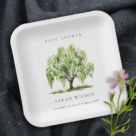 緑の素朴水彩柳の木の赤ちゃんシャワー ペーパープレート