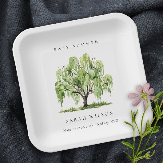 緑の素朴水彩柳の木の赤ちゃんシャワー ペーパープレート
