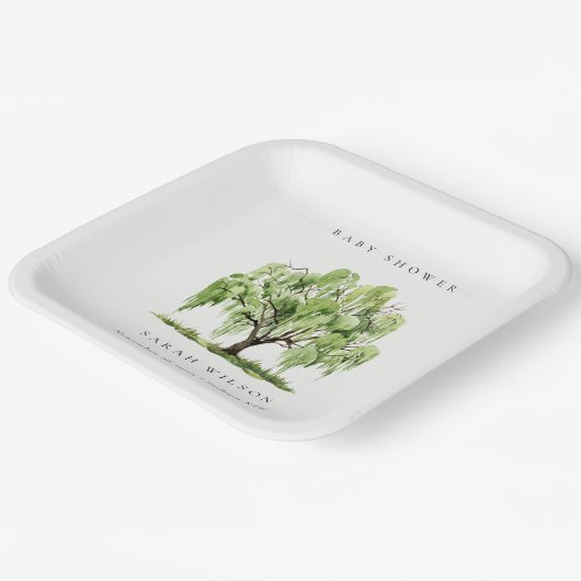 緑の素朴水彩柳の木の赤ちゃんシャワー ペーパープレート (傾斜あり)