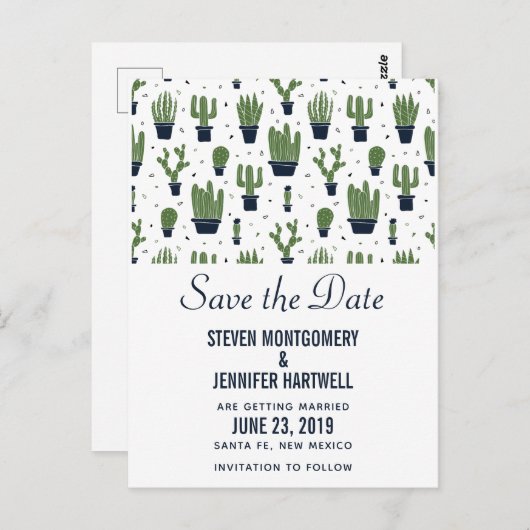 緑の素朴砂漠サボテンのパターン日付の保存 ポストカード (正面/裏面)
