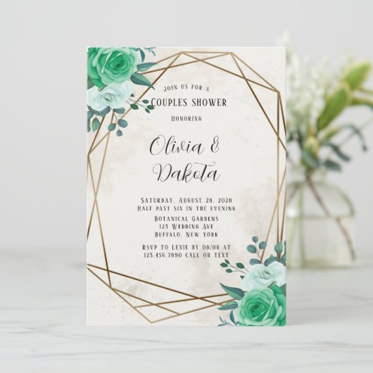 緑の素朴花模様金ゴールド幾何学的カップルのシャワー 招待状 (スタンド正面)