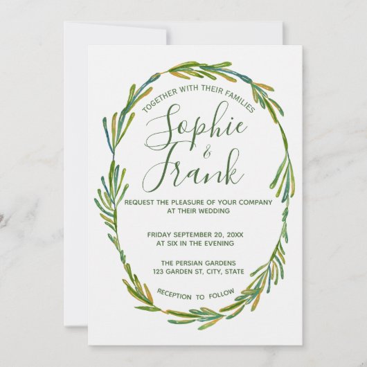 緑の素朴葉のパーソナライズされた結婚式招待状 招待状 (正面)