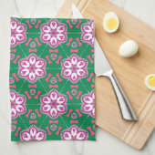 緑の紫のフローラ星のGroovyパターン キッチンタオル (四つ折り)