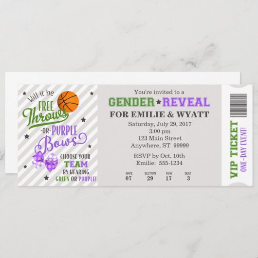 緑の紫色のフリー投球または湾曲性別の表示 招待状 (正面/裏面)