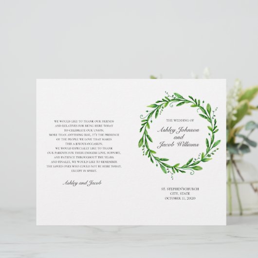 緑の結婚式のプログラムを折り畳んだ。水彩植物学 (スタンド正面)