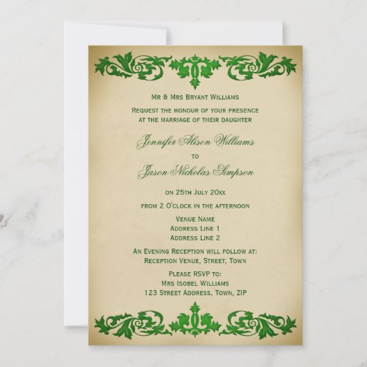 緑の結婚式招待状のヴィンテージの葉スクロール 招待状 (正面)