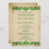 緑の結婚式招待状のヴィンテージの葉スクロール 招待状 (正面/裏面)