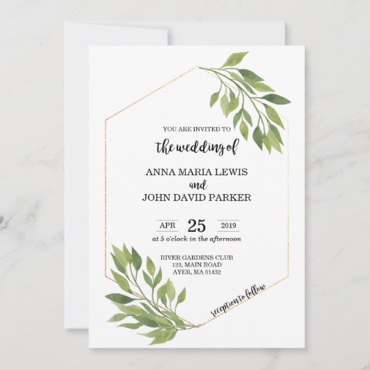 緑の結婚式招待状カード金ゴールドフレーム 招待状 (正面)