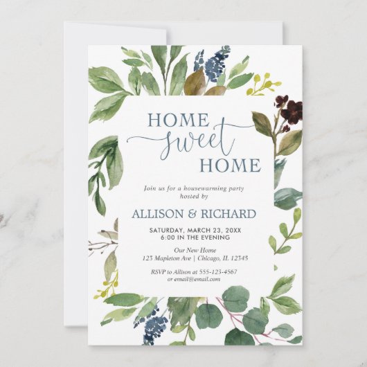 緑の緑のほこり離れの多い青い引っ越し祝いパーティーパーティー 招待状 (正面)