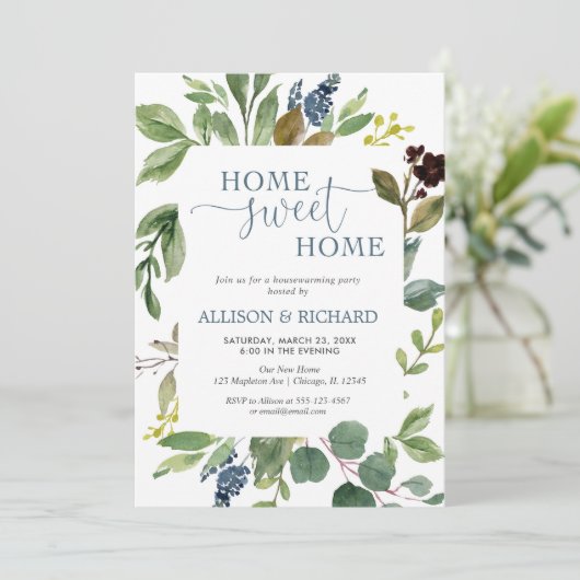 緑の緑のほこり離れの多い青い引っ越し祝いパーティーパーティー 招待状 (スタンド正面)