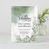 緑の緑の楕円形金ゴールドフレーム水結婚色 招待状 (スタンド正面)