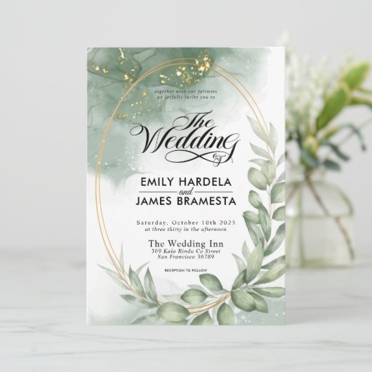 緑の緑の楕円形金ゴールドフレーム水結婚色 招待状 (スタンド正面)