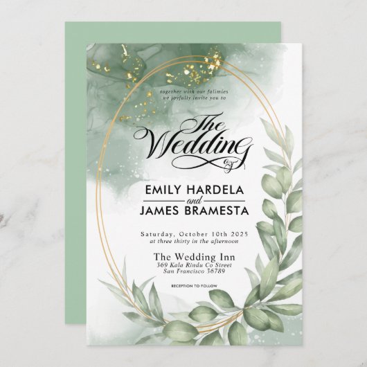 緑の緑の楕円形金ゴールドフレーム水結婚色 招待状 (正面/裏面)