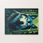 緑の緑豊かな森の中のハスキー ジグソーパズル (横)