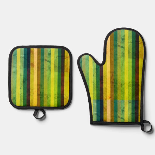緑の縦ストライプ線 鍋つかみ&鍋敷きセット (正面)