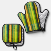 緑の縦ストライプ線 鍋つかみ&鍋敷きセット (正面/裏面)