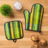 緑の縦ストライプ線 鍋つかみ&鍋敷きセット (トップダウン)