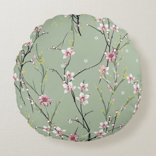 緑の背中に小さな赤と黄色の花模様 ラウンドクッション (正面)