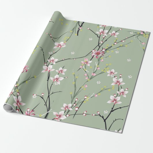 緑の背中に小さな赤と黄色の花模様 ラッピングペーパー (アンロールド)