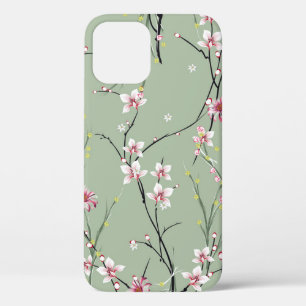 緑の背中に小さな赤と黄色の花模様 iPhone 12ケース