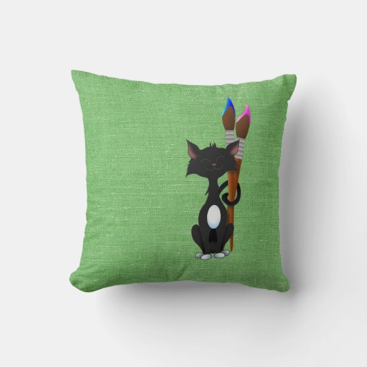 緑の背景で絵筆を持つ猫 クッション (正面)