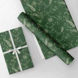 緑の背景にアイボリーの花の落書き ラッピングペーパーシート