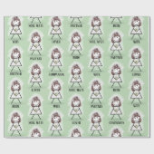 緑の背景にウェディングテキストと可愛い棒人間が白いウェディングベール、レースのドレス、髪、パールのネ ラッピングペーパー (フラット)