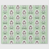 緑の背景にウェディングテキストと可愛い棒人間花嫁 ラッピングペーパー (フラット)