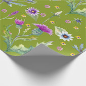 緑の背景にカラフルな水彩花 ラッピングペーパー (角)